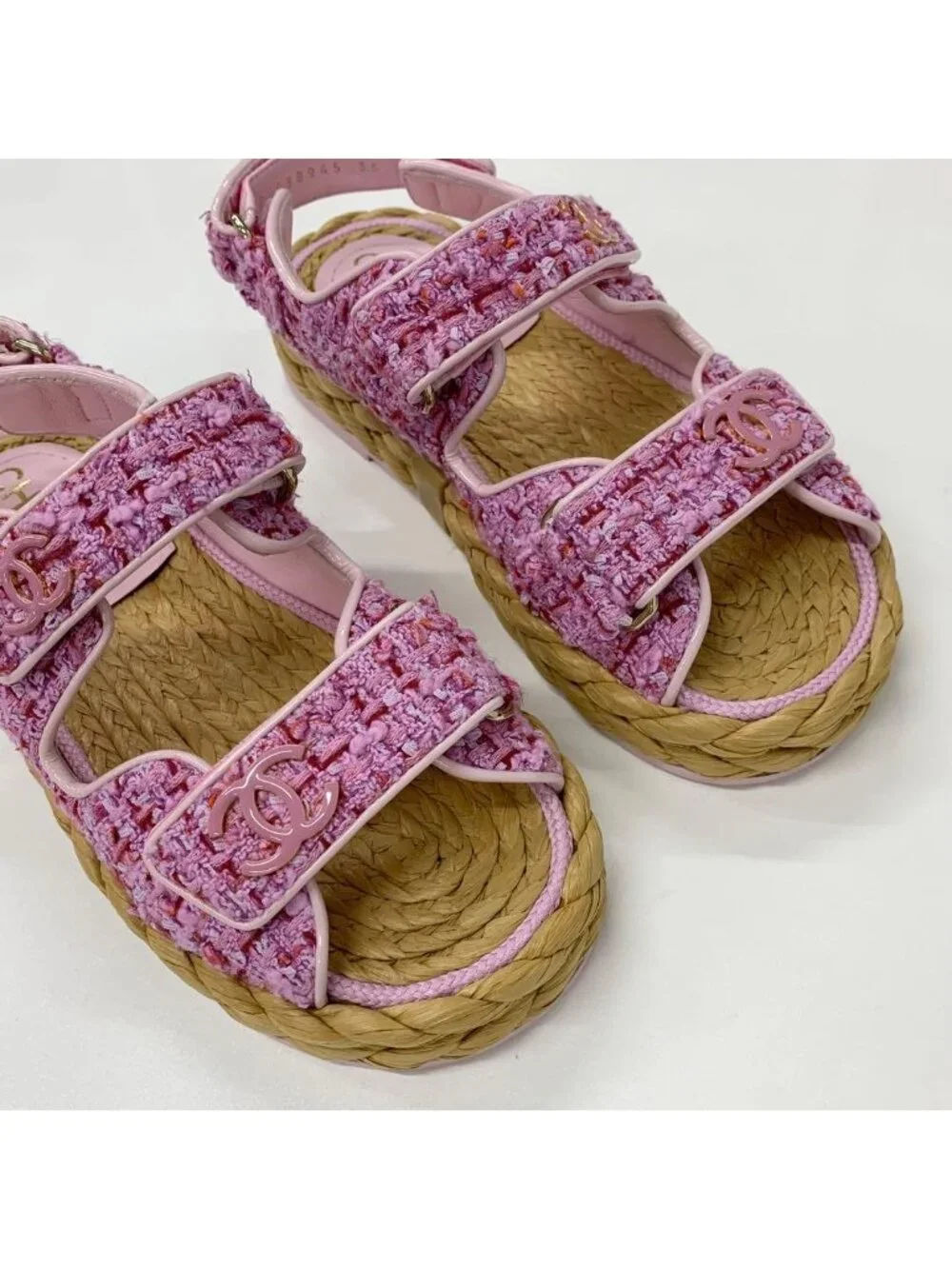 Chanel Tweed Patent CC Logo Velcro Sandals Pink